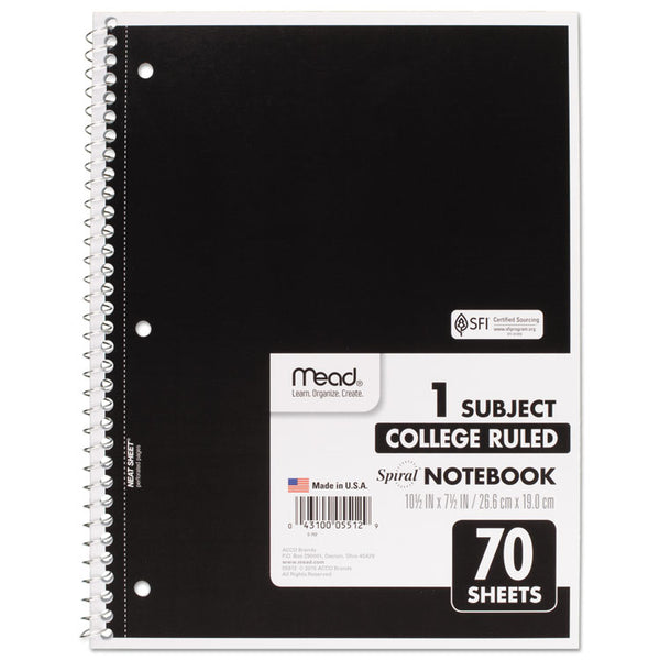 Mead® Spiral Notebook, 3-Hole Punched, 1-Subject, Medium/College Rule, Randomly Assorted Cover Color, (70) 10.5 x 7.5 Sheets (MEA05512)