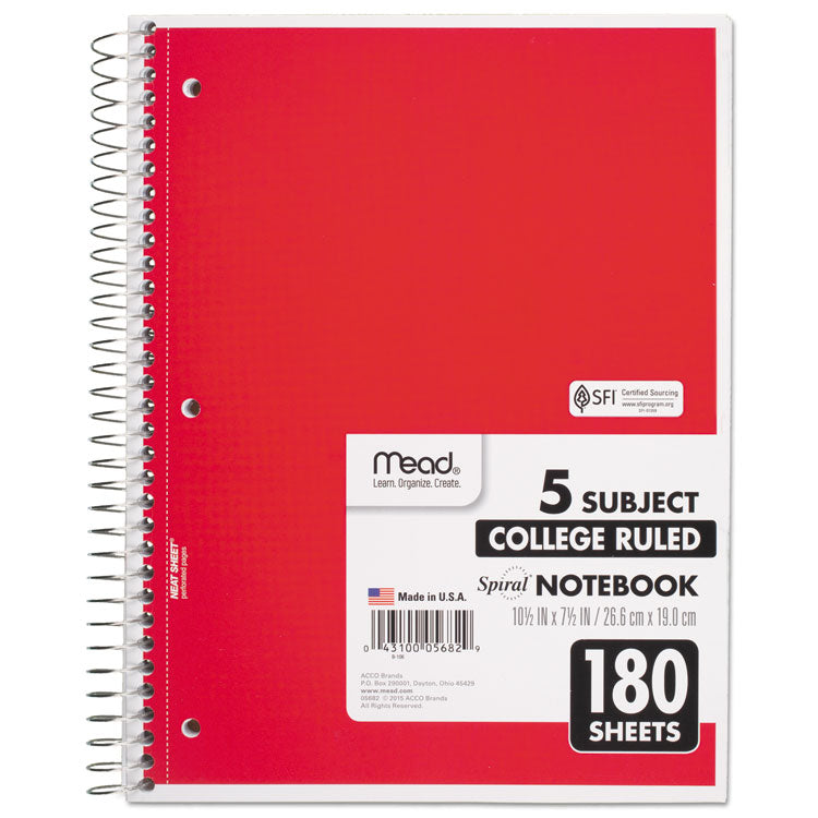 Mead® Spiral Notebook, 5-Subject, Medium/College Rule, Randomly Assorted Cover Color, (180) 10.5 x 8 Sheets (MEA05682)