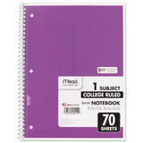 Mead® Spiral Notebook, 3-Hole Punched, 1-Subject, Medium/College Rule, Randomly Assorted Cover Color, (70) 10.5 x 7.5 Sheets (MEA05512) Each