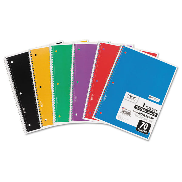 Mead® Spiral Notebook, 3-Hole Punched, 1-Subject, Medium/College Rule, Randomly Assorted Cover Color, (70) 10.5 x 7.5 Sheets (MEA05512)