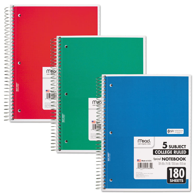 Mead® Spiral Notebook, 5-Subject, Medium/College Rule, Randomly Assorted Cover Color, (180) 10.5 x 8 Sheets (MEA05682)