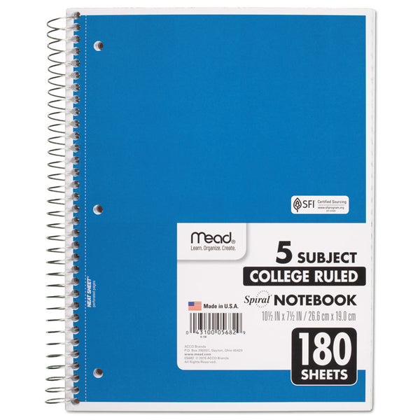 Mead® Spiral Notebook, 5-Subject, Medium/College Rule, Randomly Assorted Cover Color, (180) 10.5 x 8 Sheets (MEA05682)