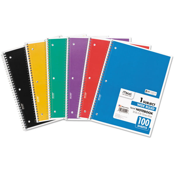 Mead® Spiral Notebook, 3-Hole Punched, 1-Subject, Wide/Legal Rule, Randomly Assorted Cover Color, (100) 10.5 x 7.5 Sheets (MEA05514)
