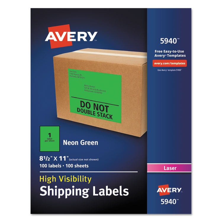 Avery® High-Visibility Permanent Laser ID Labels, 8.5 x 11, Neon Green, 100/Box (AVE5940)