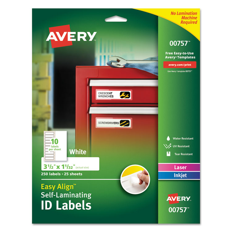 Avery® Self-Laminating ID Labels, Inkjet/Laser Printers, 1.332 x 3.5, White, 10/Sheet, 25 Sheets/Pack (AVE00757)