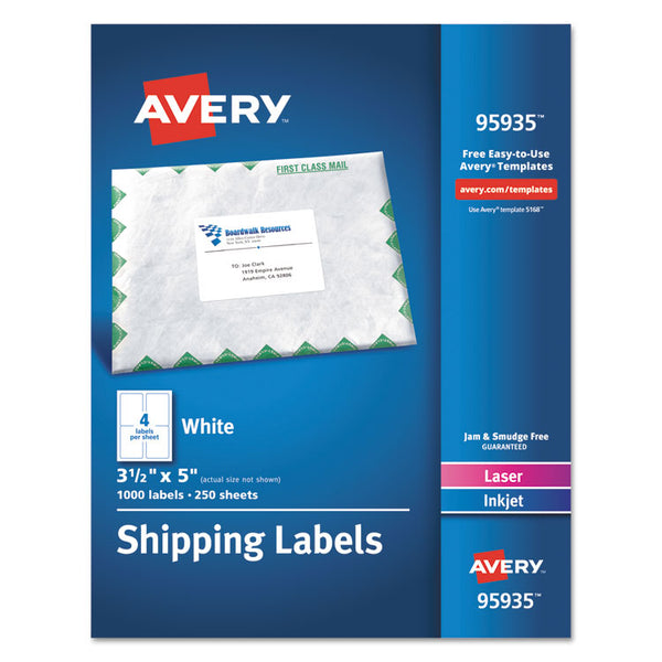 Avery® White Shipping Labels-Bulk Packs, Inkjet/Laser Printers, 3.5 x 5, White, 4/Sheet, 250 Sheets/Box (AVE95935)