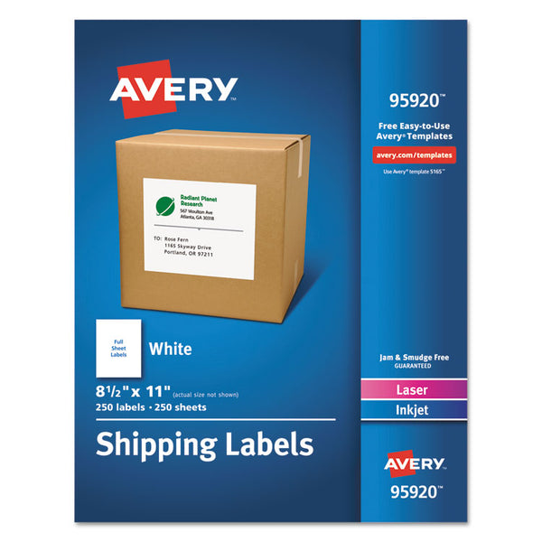 Avery® White Shipping Labels-Bulk Packs, Inkjet/Laser Printers, 8.5 x 11, White, 250/Box (AVE95920)