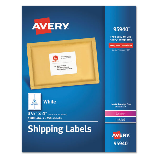 Avery® White Shipping Labels-Bulk Packs, Inkjet/Laser Printers, 3.33 x 4, White, 6/Sheet, 250 Sheets/Box (AVE95940)