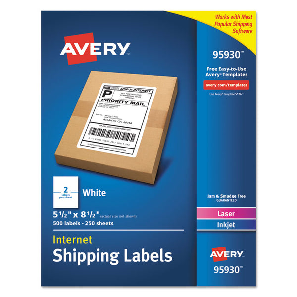 Avery® White Shipping Labels-Bulk Packs, Inkjet/Laser Printers, 5.5 x 8.5, White, 2/Sheet, 250 Sheets/Box (AVE95930)