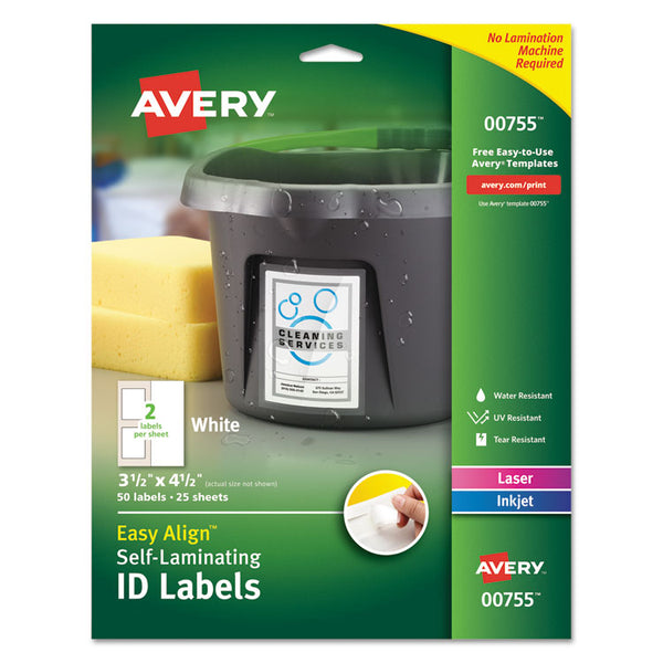Avery® Self-Laminating ID Labels, Inkjet/Laser Printers, 3.5 x 4.5, White, 2/Sheet, 25 Sheets/Pack (AVE00755)