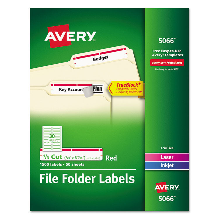 Avery® Permanent TrueBlock File Folder Labels with Sure Feed Technology, 0.66 x 3.44, White, 30/Sheet, 50 Sheets/Box (AVE5066) Box of 1500