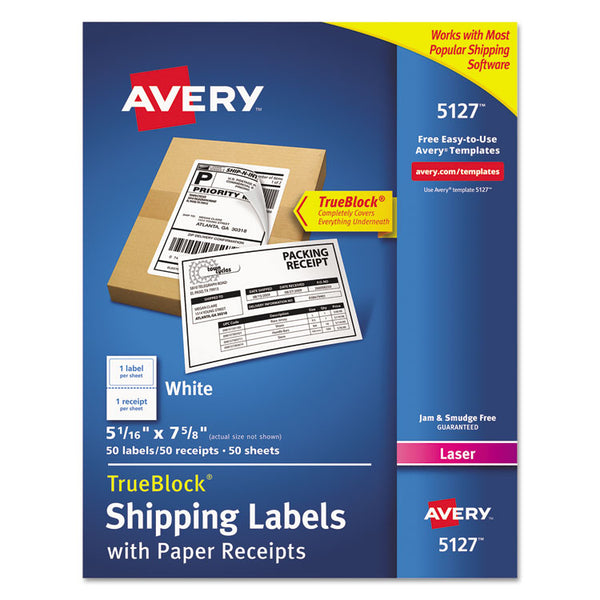 Avery® Shipping Labels with Paper Receipt and TrueBlock Technology, Inkjet/Laser Printers, 5.06 x 7.63, White, 50/Pack (AVE5127)
