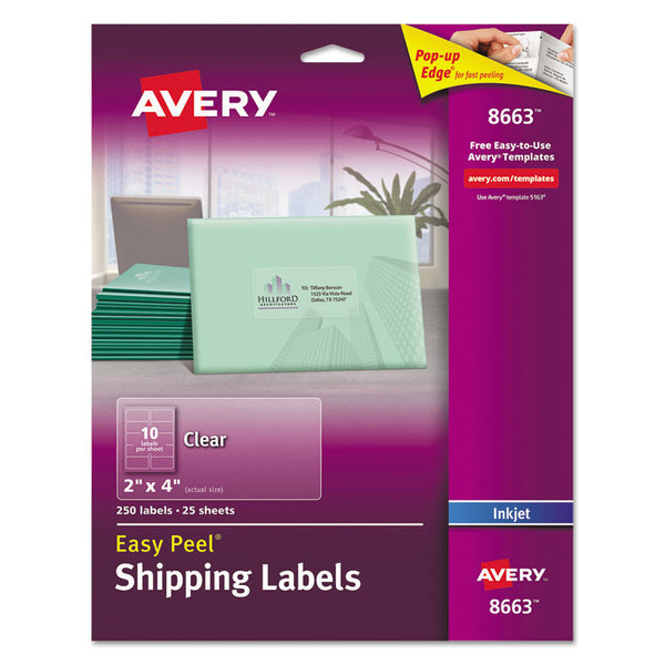 Avery® Matte Clear Easy Peel Mailing Labels w/ Sure Feed Technology, Inkjet Printers, 2 x 4, Clear, 10/Sheet, 25 Sheets/Pack (AVE8663)