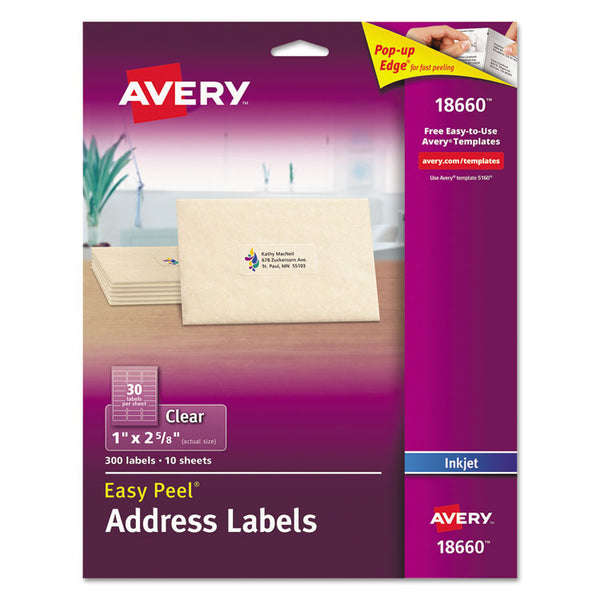 Avery® Matte Clear Easy Peel Mailing Labels w/ Sure Feed Technology, Inkjet Printers, 1 x 2.63, Clear, 30/Sheet, 10 Sheets/Pack (AVE18660)