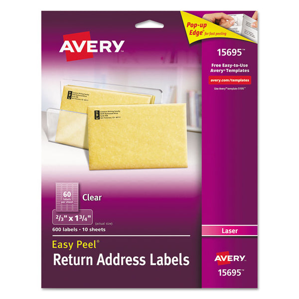 Avery® Matte Clear Easy Peel Mailing Labels w/ Sure Feed Technology, Laser Printers, 0.66 x 1.75, Clear, 60/Sheet, 10 Sheets/Pack (AVE15695)