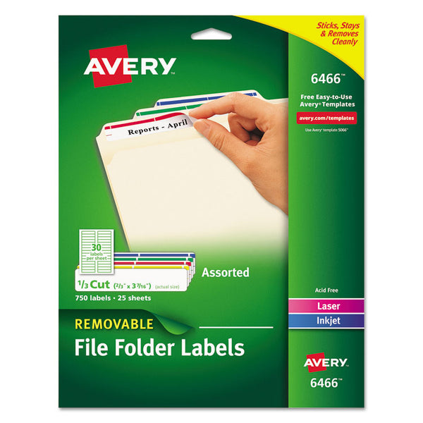 Avery® Removable File Folder Labels with Sure Feed Technology, 0.66 x 3.44, White, 30/Sheet, 25 Sheets/Pack (AVE6466)