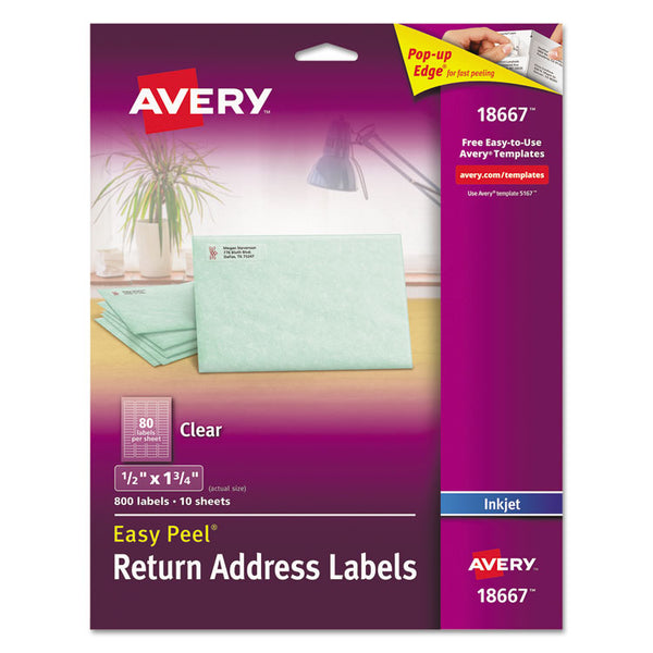 Avery® Matte Clear Easy Peel Mailing Labels w/ Sure Feed Technology, Inkjet Printers, 0.5 x 1.75, Clear, 80/Sheet, 10 Sheets/Pack (AVE18667)