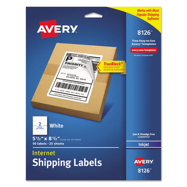 Avery® Shipping Labels w/ TrueBlock Technology, Inkjet Printers, 5.5 x 8.5, White, 2/Sheet, 25 Sheets/Pack (AVE8126)
