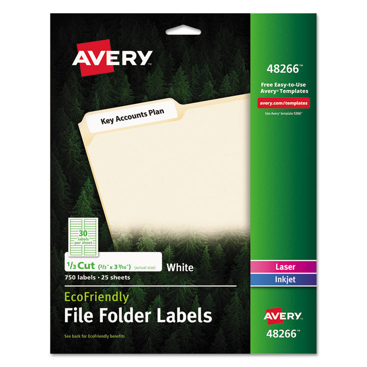 Avery® EcoFriendly Permanent File Folder Labels, 0.66 x 3.44, White, 30/Sheet, 25 Sheets/Pack (AVE48266) Pack of 750