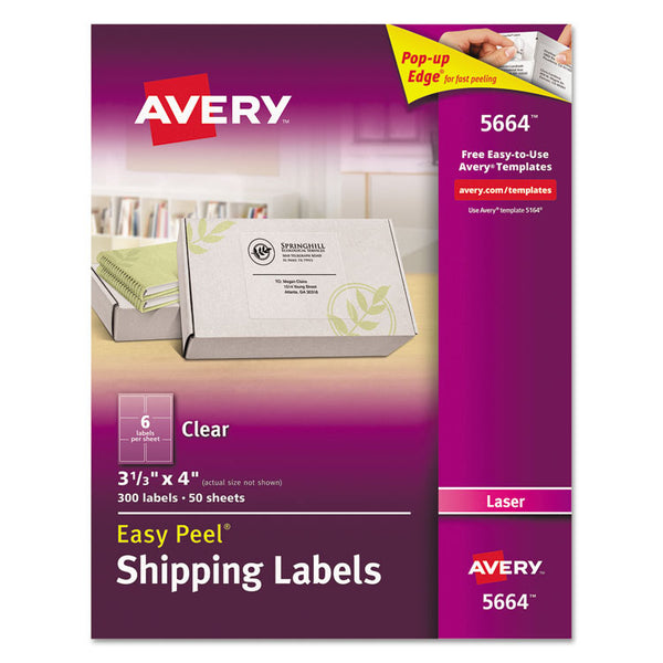 Avery® Matte Clear Easy Peel Mailing Labels w/ Sure Feed Technology, Laser Printers, 3.33 x 4, Clear, 6/Sheet, 50 Sheets/Box (AVE5664)