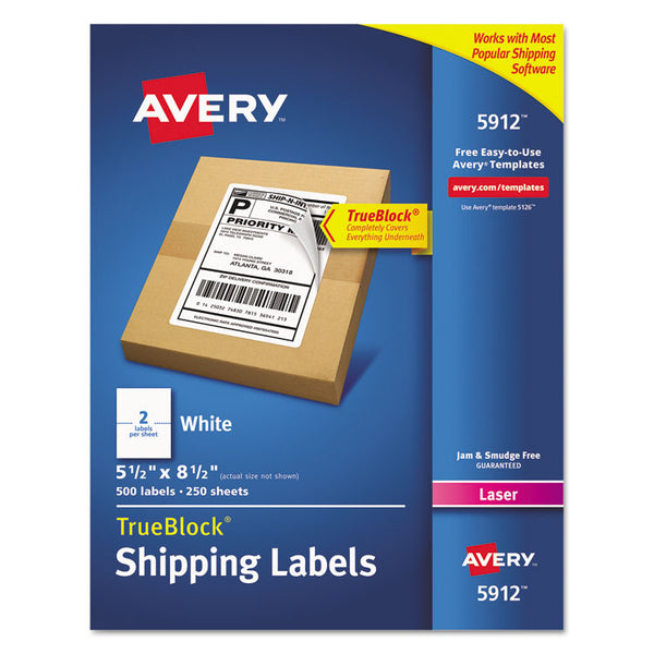 Avery® Shipping Labels w/ TrueBlock Technology, Laser Printers, 5.5 x 8.5, White, 2/Sheet, 250 Sheets/Box (AVE5912)