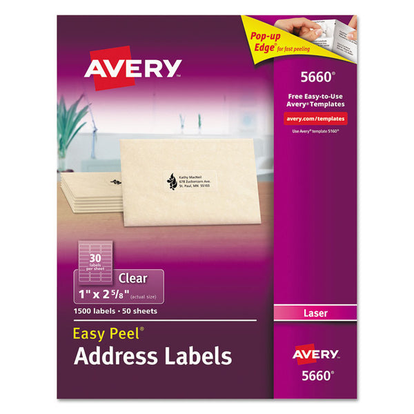Avery® Matte Clear Easy Peel Mailing Labels w/ Sure Feed Technology, Laser Printers, 1 x 2.63, Clear, 30/Sheet, 50 Sheets/Box (AVE5660)