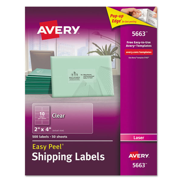 Avery® Matte Clear Easy Peel Mailing Labels w/ Sure Feed Technology, Laser Printers, 2 x 4, Clear, 10/Sheet, 50 Sheets/Box (AVE5663)