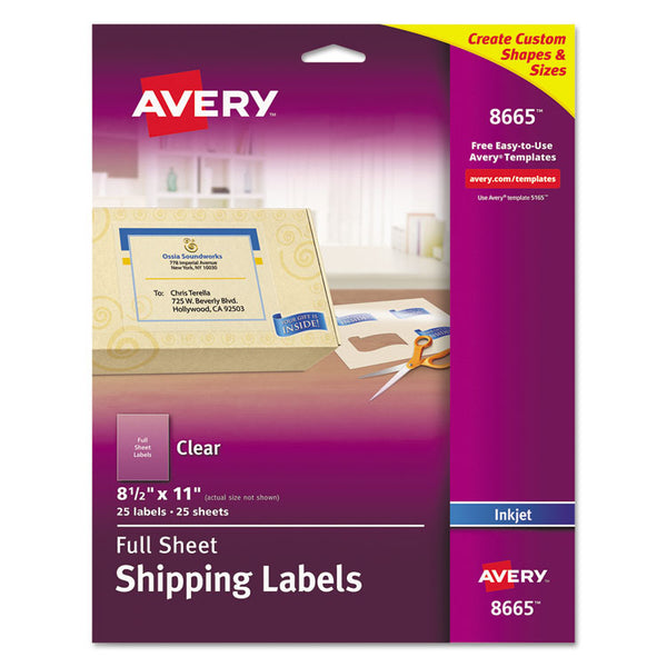 Avery® Matte Clear Shipping Labels, Inkjet Printers, 8.5 x 11, Clear, 25/Pack (AVE8665)