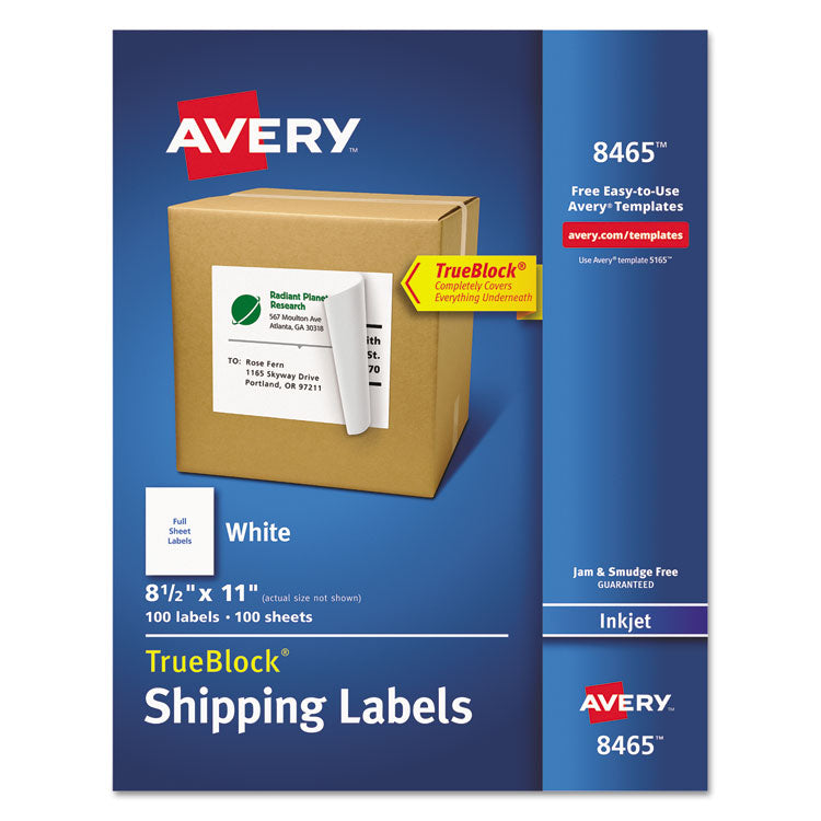 Avery® Shipping Labels with TrueBlock Technology, Inkjet Printers, 8.5 x 11, White, 100/Box (AVE8465) Box of 100