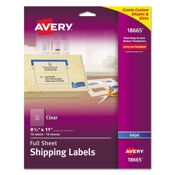 Avery® Matte Clear Shipping Labels, Inkjet Printers, 8.5 x 11, Clear, 10/Pack (AVE18665)