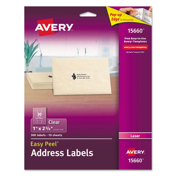 Avery® Matte Clear Easy Peel Mailing Labels w/ Sure Feed Technology, Laser Printers, 1 x 2.63, Clear, 30/Sheet, 10 Sheets/Pack (AVE15660)