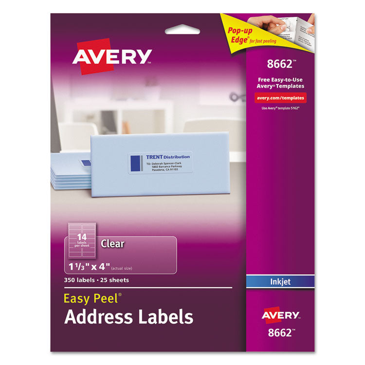 Avery® Matte Clear Easy Peel Mailing Labels w/ Sure Feed Technology, Inkjet Printers, 1.33 x 4, Clear, 14/Sheet, 25 Sheets/Pack (AVE8662) Pack of 350