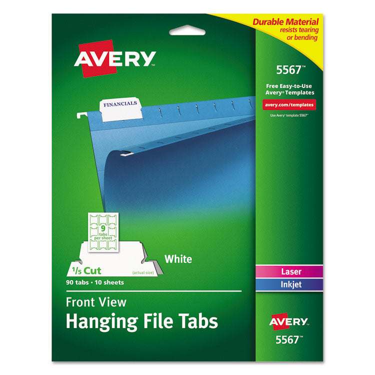 Avery® Laser Printable Hanging File Tabs, 1/5-Cut, White, 2.06" Wide, 90/Pack (AVE5567)