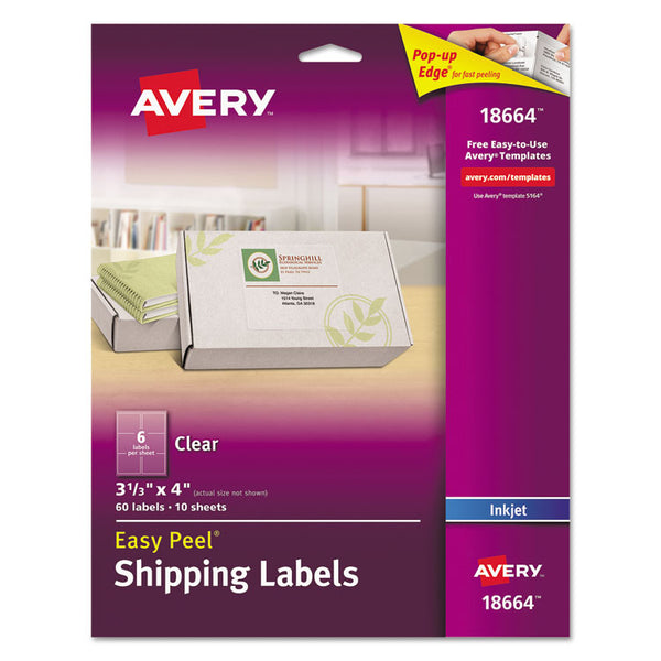 Avery® Matte Clear Easy Peel Mailing Labels w/ Sure Feed Technology, Inkjet Printers, 3.33 x 4, Clear, 6/Sheet, 10 Sheets/Pack (AVE18664)