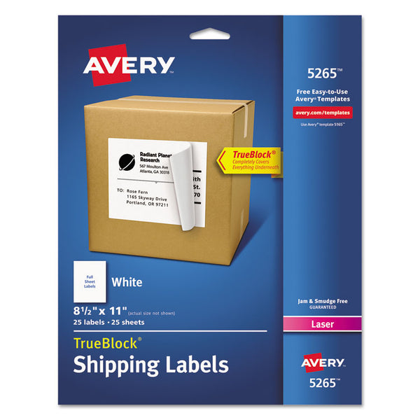 Avery® Shipping Labels with TrueBlock Technology, Laser Printers, 8.5 x 11, White, 25/Pack (AVE5265)