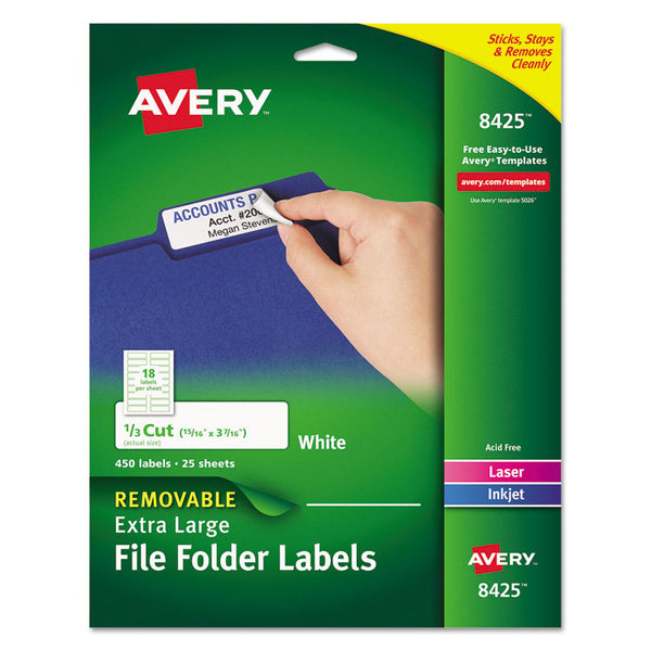 Avery® Removable File Folder Labels with Sure Feed Technology, 0.94 x 3.44, White, 18/Sheet, 25 Sheets/Pack (AVE8425)