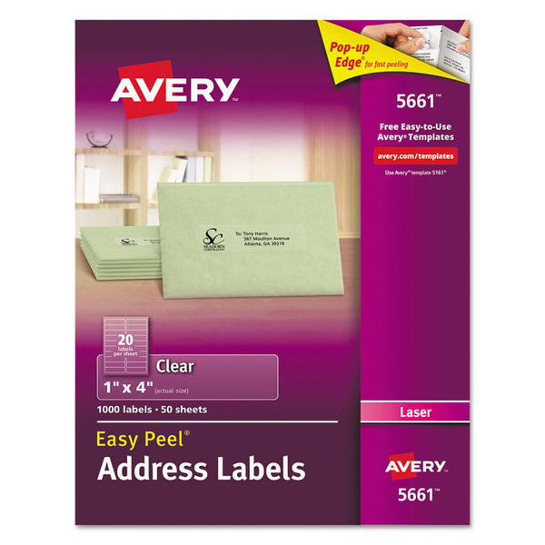 Avery® Matte Clear Easy Peel Mailing Labels w/ Sure Feed Technology, Laser Printers, 1 x 4, Clear, 20/Sheet, 50 Sheets/Box (AVE5661)
