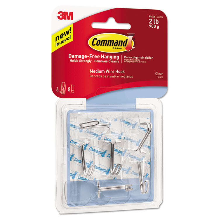 Command™ Clear Hooks and Strips, Medium, Plastic, 2 lb Capacity, 6 Hooks and 8 Strips/Pack (MMM17065CLRVPES)