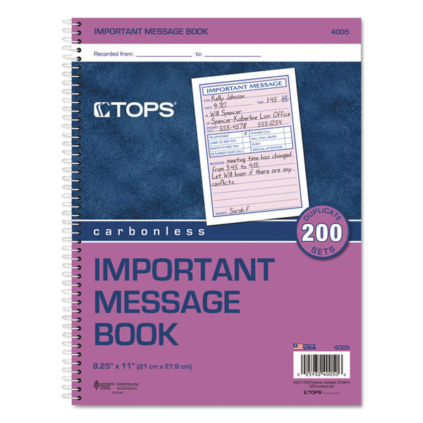 TOPS™ Telephone Message Book with Fax/Mobile Section, Two-Part Carbonless, 3.88 x 5.5, 4 Forms/Sheet, 200 Forms Total (TOP4005) Each