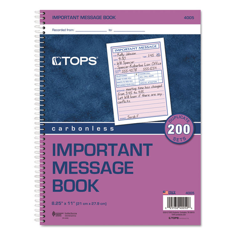 TOPS™ Telephone Message Book with Fax/Mobile Section, Two-Part Carbonless, 3.88 x 5.5, 4 Forms/Sheet, 200 Forms Total (TOP4005) Each