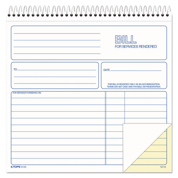 TOPS™ Bill for Services Rendered Book, Two-Part Carbonless, 8.5 x 7.75, 50 Forms Total (TOP4133) Each