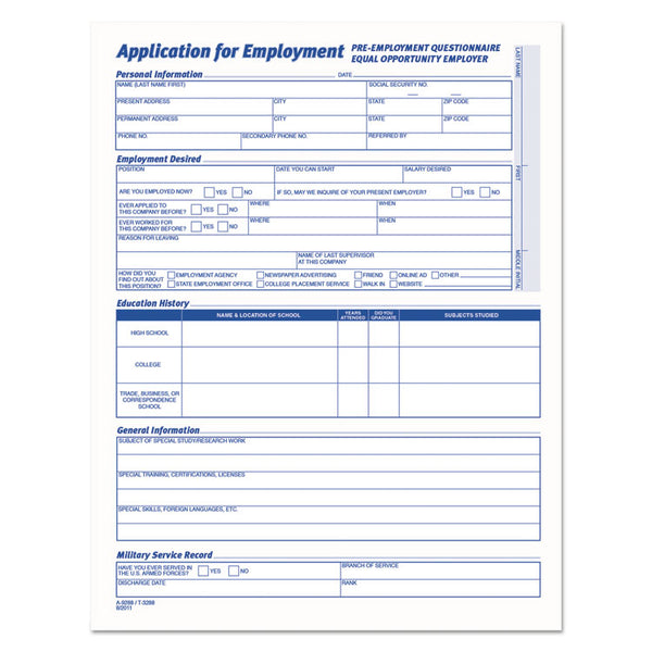 TOPS™ Comprehensive Employee Application Form, One-Part (No Copies), 17 x 11, 25 Forms Total (TOP3288) Pack of 25