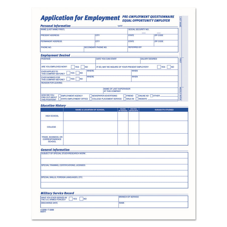 Application Pack TOPS™ TOP3288 Comprehensive Employee Application Form, One-Part (No ...