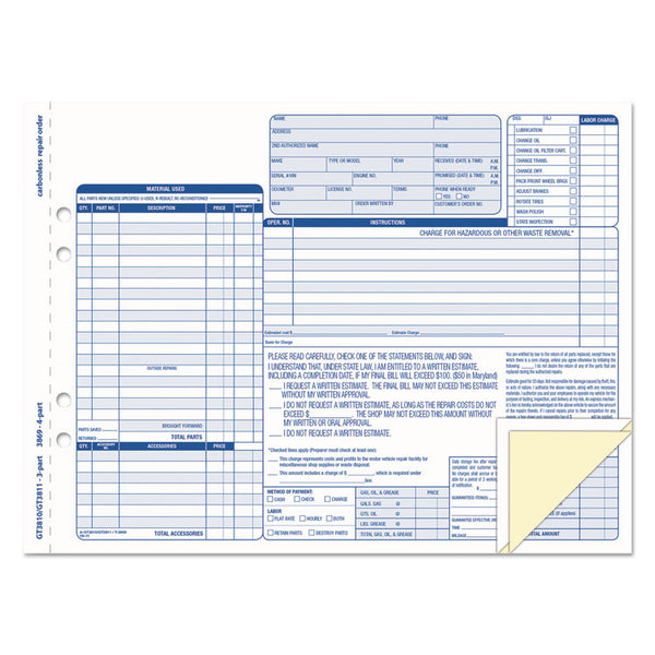 TOPS™ Auto Repair Four-Part Order Form, Four-Part Carbonless, 11 x 8.5, 50 Forms Total (TOP3869) Packof 50