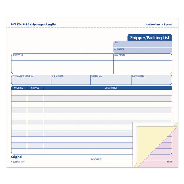 TOPS™ Triplicate Snap-Off Shipper/Packing List, Three-Part Carbonless, 8.5 x 7, 50 Forms Total (TOP3834) Packof 50