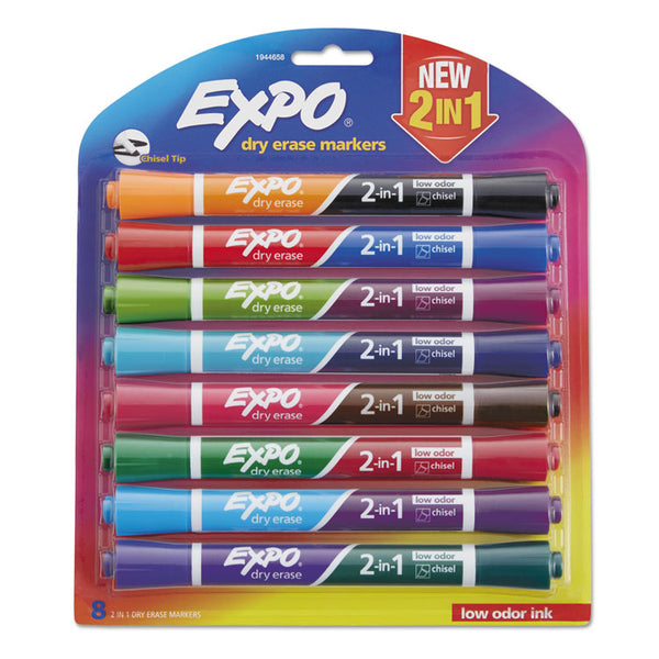 EXPO® 2-in-1 Dry Erase Markers, Fine/Broad Chisel Tips, Assorted Colors, 8/Pack (SAN1944658)