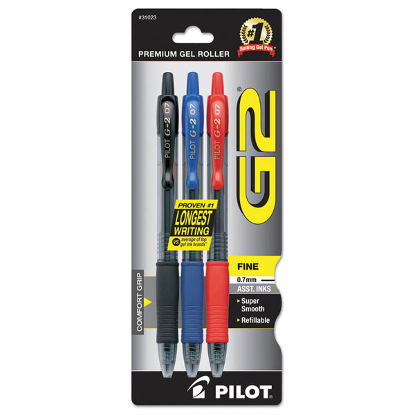 Pilot® G2 Premium Gel Pen, Retractable, Fine 0.7 mm, Assorted Ink and Barrel Colors, 3/Pack (PIL31023)