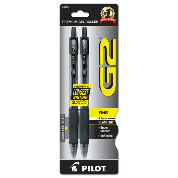 Pilot® G2 Premium Gel Pen, Retractable, Fine 0.7 mm, Black Ink, Smoke/Black Barrel, 2/Pack (PIL31031)