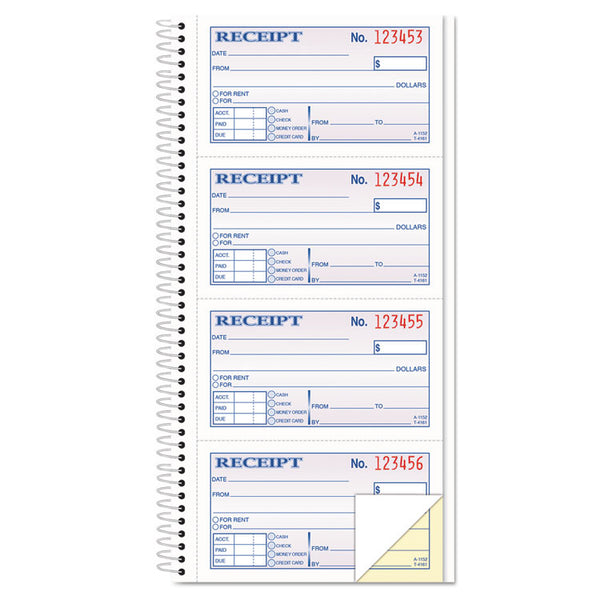 TOPS™ Spiralbound Money and Rent Receipt Book, Two-Part Carbonless, 4.75 x 2.75, 4 Forms/Sheet, 200 Forms Total (TOP4161) Each