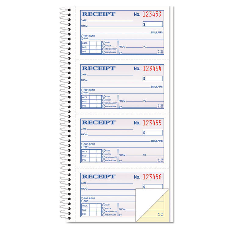 TOPS™ Spiralbound Money and Rent Receipt Book, Two-Part Carbonless, 4.75 x 2.75, 4 Forms/Sheet, 200 Forms Total (TOP4161) Each
